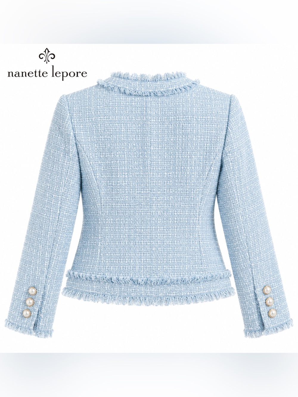 NWT Nanette Lepore Light Blue Tweed
Fringe Jacket Pearl Buttons. - Picture 9 of 10